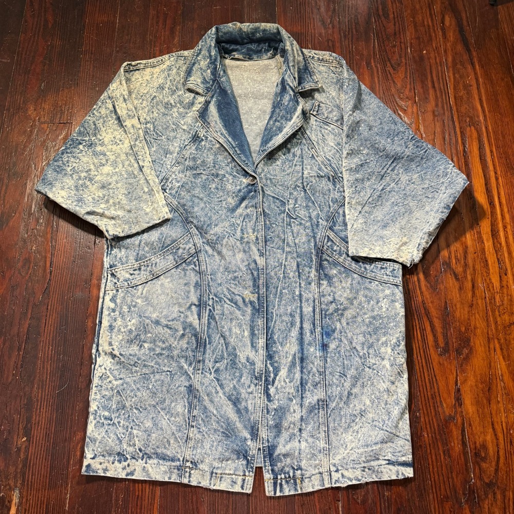 Vintage 80s Denim Jacket Womens M Blue Acid Wash Faded Short Sleeve **READ**